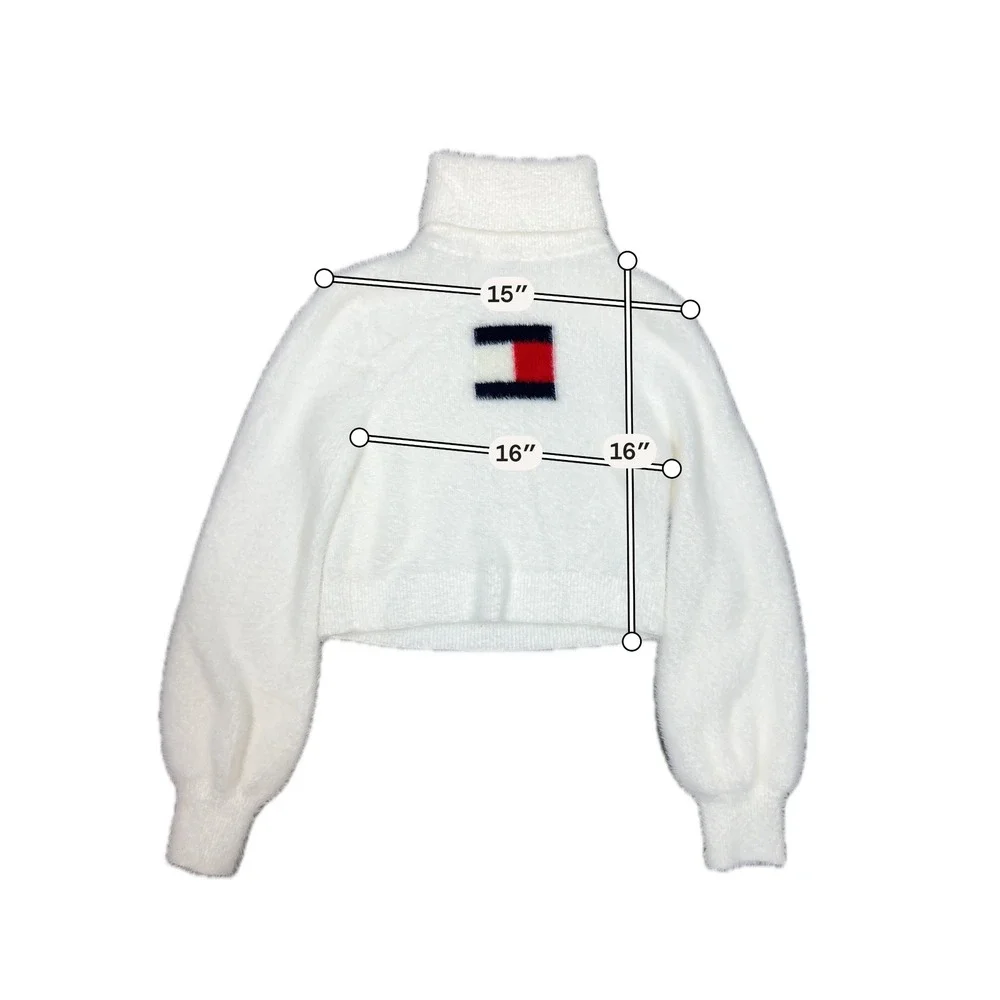 Tommy Jeans White Sweater‎ - SIZE S Cropped Turtleneck Fuzzy Y2K Preppy - Picture 6 of 6